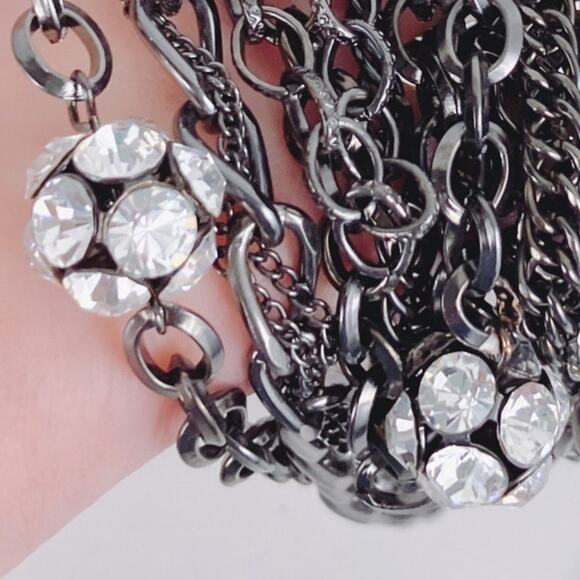 Signed VCLM Multi-Strand Gunmetal Chain Necklace with Crystal Ball Accents - Picture 8 of 9